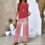Elegant Print Square Collar Top Wide Leg Pants 2-piece Set 2025 New Women's Sleeveless Double-layer Vest Pants Set Woman summer