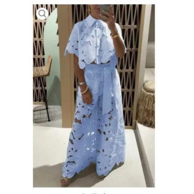 Autumn Fashion Lace Two Piece Set Women Casual Solid Lace Top Wide Leg Pants Set