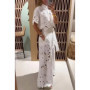 Autumn Fashion Lace Two Piece Set Women Casual Solid Lace Top Wide Leg Pants Set