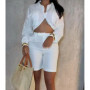 Elegant Two Piece Set Woman Summer 2025 New Solid Loose Long Sleeved Waist Revealing Shirt and High Waisted Half Pants Suit