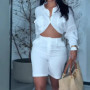 Elegant Two Piece Set Woman Summer 2025 New Solid Loose Long Sleeved Waist Revealing Shirt and High Waisted Half Pants Suit