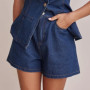2025 Summer New Retro Elegant Commuter Denim Suit Sleeveless Top + Shorts Round Neck Fashionable Two-piece Set