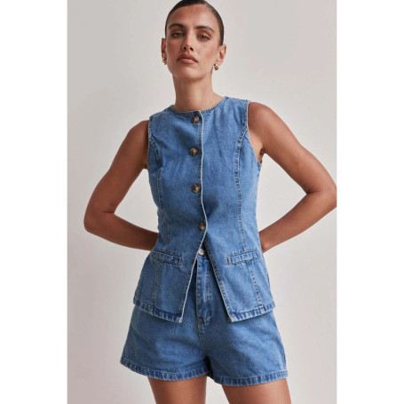 2025 Summer New Retro Elegant Commuter Denim Suit Sleeveless Top + Shorts Round Neck Fashionable Two-piece Set