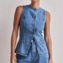 2025 Summer New Retro Elegant Commuter Denim Suit Sleeveless Top + Shorts Round Neck Fashionable Two-piece Set