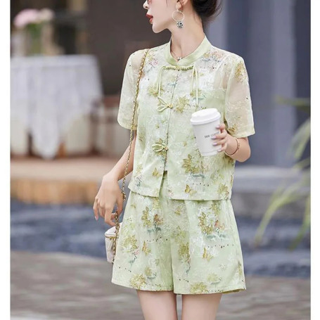 Pink top printing suit women's new Chinese style buckle shorts two-piece summer fashion new age-reducing improved Hanfu clothing