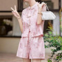 Pink top printing suit women's new Chinese style buckle shorts two-piece summer fashion new age-reducing improved Hanfu clothing