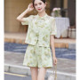 Pink top printing suit women's new Chinese style buckle shorts two-piece summer fashion new age-reducing improved Hanfu clothing