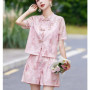 Pink top printing suit women's new Chinese style buckle shorts two-piece summer fashion new age-reducing improved Hanfu clothing