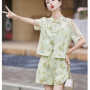 Pink top printing suit women's new Chinese style buckle shorts two-piece summer fashion new age-reducing improved Hanfu clothing