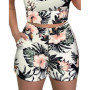 Women 2-piece Outfit Set Female High Waist Hot Shorts Pants Suit Summer Flower Printed Sleeveless V-neck Sling Blouse Shorts Set