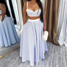 Women's Set with Camisole Vest, Lace Patchwork High Waisted Striped Skirt, Two-piece Set for Summer 2025