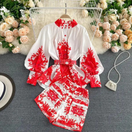 Guilantu Spring Autumn Shirt And Short Pants Two Piece Set Outfits Fashion Print Floral Casual Vintage 2 Piec Woman Sets Clothes