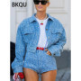 BKQU Denim Sequins 2 Piece Pants Set Women Fashion High Waist Shorts Lapel single-breasted Cropper Jackets Female Luxury Outfits