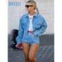 BKQU Denim Sequins 2 Piece Pants Set Women Fashion High Waist Shorts Lapel single-breasted Cropper Jackets Female Luxury Outfits