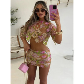 Sexy Lace Up Hallow Out Top Skirt Set Women Slim Half Sleeve O-neck Crop Tops Mini High Waist Skirts 2026 Summer Party Suit Lady