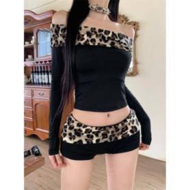 Two Piece Sets Womens Outfits Summer Y2k Clothing Patchwork Leopard Slash Neck Tunic Tshirts Sexy Bodycon Shorts Suit Chic Set