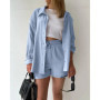 Women's new summer two-piece lapel pleated casual long-sleeved shirt high-waist drawstring shorts suit for women