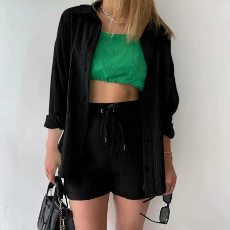 Women's new summer two-piece lapel pleated casual long-sleeved shirt high-waist drawstring shorts suit for women