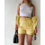 Women's new summer two-piece lapel pleated casual long-sleeved shirt high-waist drawstring shorts suit for women
