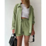 Women's new summer two-piece lapel pleated casual long-sleeved shirt high-waist drawstring shorts suit for women