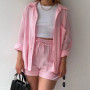 Women's new summer two-piece lapel pleated casual long-sleeved shirt high-waist drawstring shorts suit for women