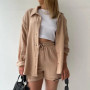 Women's new summer two-piece lapel pleated casual long-sleeved shirt high-waist drawstring shorts suit for women