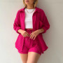 Women's new summer two-piece lapel pleated casual long-sleeved shirt high-waist drawstring shorts suit for women