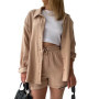 Women's new summer two-piece lapel pleated casual long-sleeved shirt high-waist drawstring shorts suit for women