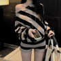 Fashion Vintage Striped Sexy Off Shoulder Long Sleeved Sweater Loose Straight Knitted Shorts Women Two Piece Sets Crop Top