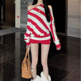 Fashion Vintage Striped Sexy Off Shoulder Long Sleeved Sweater Loose Straight Knitted Shorts Women Two Piece Sets Crop Top