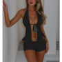 Fashion Summer Two Piece Knit Crochet Set for Women Tie Up Halter Open Back Split Cami Tank Top Hollow Out Shorts Beachwear