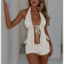 Fashion Summer Two Piece Knit Crochet Set for Women Tie Up Halter Open Back Split Cami Tank Top Hollow Out Shorts Beachwear