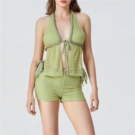 Fashion Summer Two Piece Knit Crochet Set for Women Tie Up Halter Open Back Split Cami Tank Top Hollow Out Shorts Beachwear