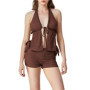 Fashion Summer Two Piece Knit Crochet Set for Women Tie Up Halter Open Back Split Cami Tank Top Hollow Out Shorts Beachwear