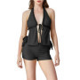 Fashion Summer Two Piece Knit Crochet Set for Women Tie Up Halter Open Back Split Cami Tank Top Hollow Out Shorts Beachwear