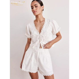 Clacive Sexy Loose White Cotton 2 Piece Sets Women Outfit 2025 Summer Short Sleeve Shirt With High Waist Shorts Set Streetwear
