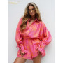 Clacive Elegant Loose Print Two Piece Outfits Woman 2025 Fashion Long Sleeve Shirt With High Waist Shorts Set Female Streetwear