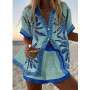 Fashion Casual Printed Two Piece Set Women Summer Comfort Holiday Color Colorful Button Short Sleeves Shirts And Shorts 2 Sets