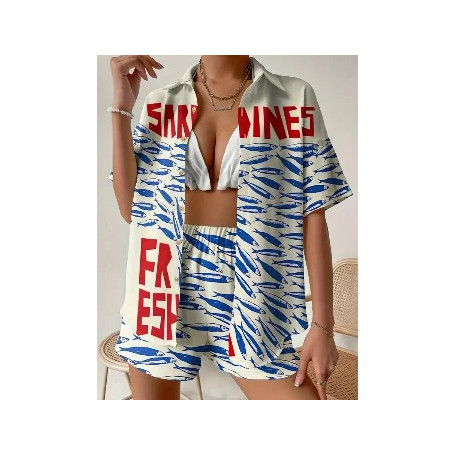Fashion Casual Printed Two Piece Set Women Summer Comfort Holiday Color Colorful Button Short Sleeves Shirts And Shorts 2 Sets