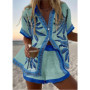 Fashion Casual Printed Two Piece Set Women Summer Comfort Holiday Color Colorful Button Short Sleeves Shirts And Shorts 2 Sets