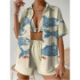 Fashion Casual Printed Two Piece Set Women Summer Comfort Holiday Color Colorful Button Short Sleeves Shirts And Shorts 2 Sets