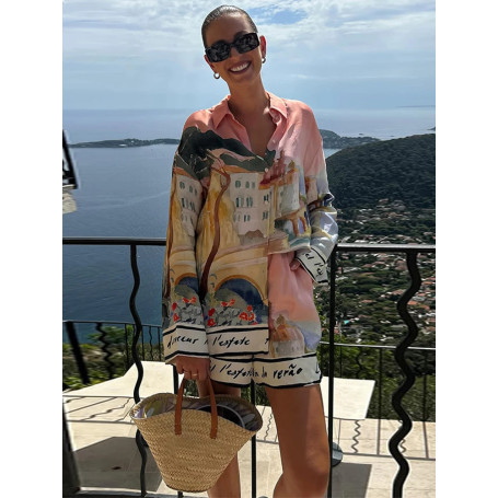 Fashion Printed 2 Piece Set Loose Lapel Button Long Sleeved Shirt Elastic Waist Shorts Suit 2025 Summer Autumn Beach Lady Set