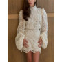 Solid Lace Hollow Out Mini Skirt Set Women Elegant Stand Collar Long Sleeve Shirt Suit 2026 Spring Fashion Commute Lady Outfits