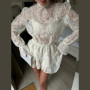 Solid Lace Hollow Out Mini Skirt Set Women Elegant Stand Collar Long Sleeve Shirt Suit 2026 Spring Fashion Commute Lady Outfits