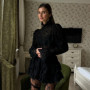 Solid Lace Hollow Out Mini Skirt Set Women Elegant Stand Collar Long Sleeve Shirt Suit 2026 Spring Fashion Commute Lady Outfits