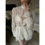 Solid Lace Hollow Out Mini Skirt Set Women Elegant Stand Collar Long Sleeve Shirt Suit 2026 Spring Fashion Commute Lady Outfits