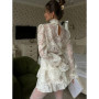 Solid Lace Hollow Out Mini Skirt Set Women Elegant Stand Collar Long Sleeve Shirt Suit 2026 Spring Fashion Commute Lady Outfits