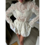 Solid Lace Hollow Out Mini Skirt Set Women Elegant Stand Collar Long Sleeve Shirt Suit 2026 Spring Fashion Commute Lady Outfits