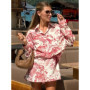 Oymimi Elegant Red Print Women's Two Pieces Set Fashion Lapel Long Sleeve Button Shirts And High Waisted Shorts Sets Streetwear