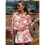 Oymimi Elegant Red Print Women's Two Pieces Set Fashion Lapel Long Sleeve Button Shirts And High Waisted Shorts Sets Streetwear